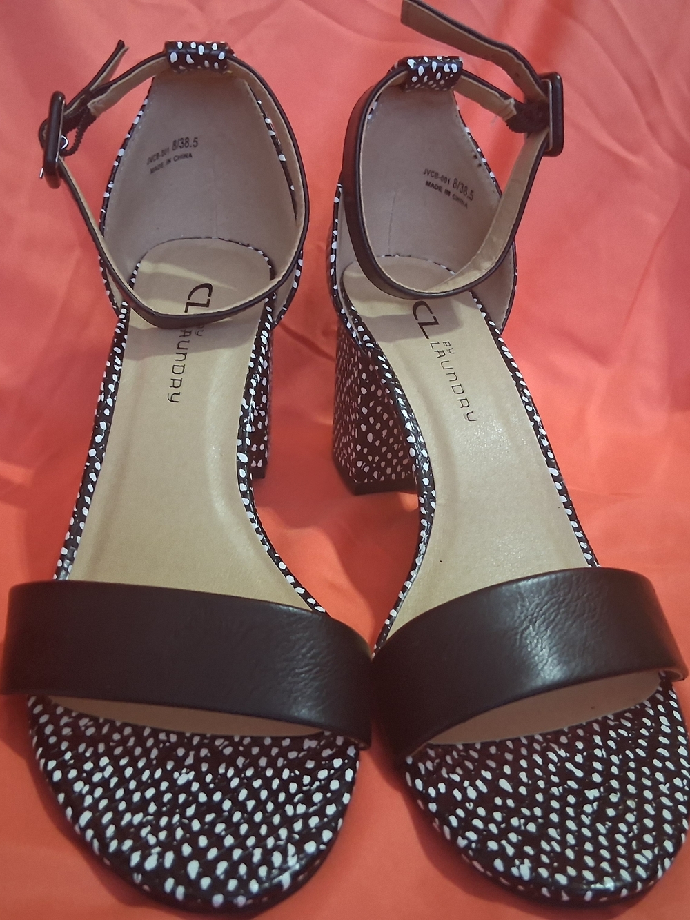 CL by Laundry Black & White Ankle-Strap Block Heel Sandals